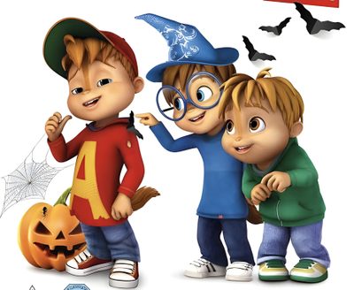 two children dressed up in halloween costumes with bats and pumpkins behind them, one boy is pointing at the other Alvin And The Chipmunks Halloween Alvin And The Chipmunks Halloween Movie, Alvin Chipmunks Halloween, Alvin Halloween, pink