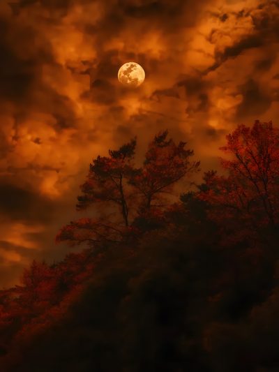 the full moon shines brightly in the sky above some trees and clouds at night Halloween Sky Iphone Fall Harvest Moon, Autumn Moon Pictures, Autumn Harvest Moon Scene, maroon
