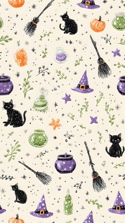 a white background with black cats and witches on it's side, surrounded by halloween decorations Halloween Magic Potions Light Greysmall Witchy Halloween Background, Witches Cauldron Background, Witch Broom, linen