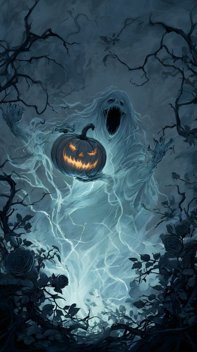 there is a ghost in the woods with a jack - o'- lantern on it Halloween Spirit Halloween Diy Crafts, Halloween Vintage, Halloween Painting, dark slate gray