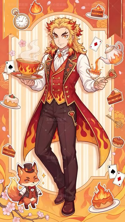a drawing of a man in a red coat holding a tray with food on it Rengoku Halloween Kyojuro Rengoku Official Art, Geek Stuff, sandy brown