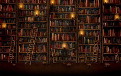 there are many bookshelves with lights in the room and ladders to reach them Halloween Bookshelf Library Computer, Desktop Library, Bookshelves For Pc, Magical Library Hd, black