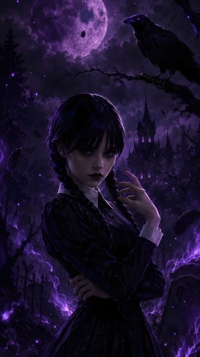a woman standing in front of a castle with a raven on her shoulder and the moon behind her Wednesday Halloween Dark Gothic, Addams Family, Cat, Anime Scenery, Jenna Ortega, Scenery, black