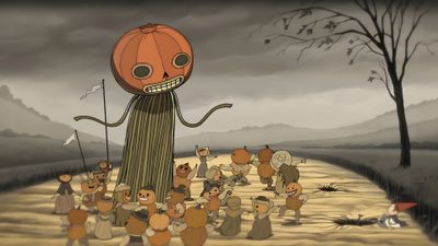 a group of cartoon characters walking down a dirt road Halloween Over The Garden Wall Over The Garden Wall Pumpkin Episode, Over The Garden Wall Pumpkin Scene, Over The Garden Wall Gifs, dim gray