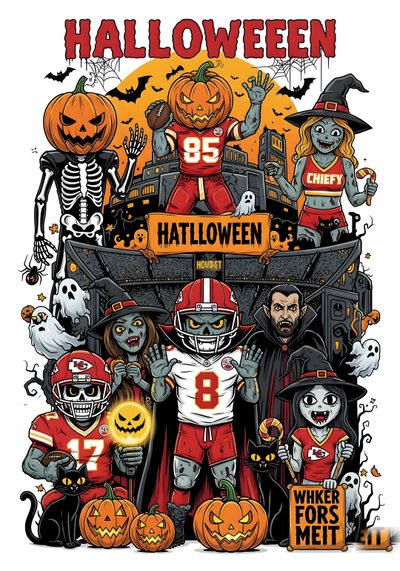 halloween poster with an image of football players and pumpkins in the background, including jack - o'- lanterns Chiefs Halloween Patrick Mahomes Halloween, Halloween Football Poster Ideas, Halloween Football Background, peru