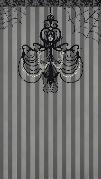 a chandelier hanging from the ceiling in front of a striped wall with spider webs on it Halloween Chandelier Gothic Themed Phone Background, Victorian Gothic Lace, Gothic Phone Victorian, dim gray