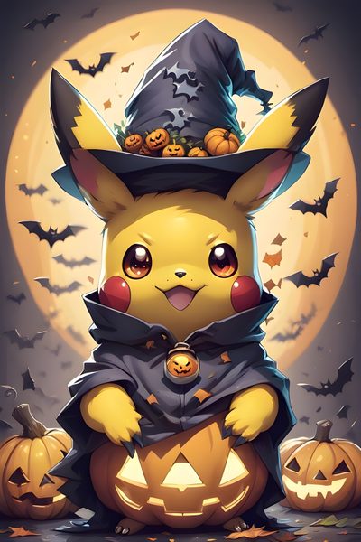 a pikachu dressed up as a witch with pumpkins Pikachu Halloween Cute Fall Backgrounds, Pikachu, Pikachu Iphone, Pikachu Halloween, dim gray