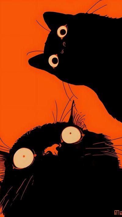 two black cats staring at each other in front of an orange background with white eyes Cute Retro Style Halloween Black Cats Posca Art, Leinwand Malerei Ideen, Manifesti Grafici,