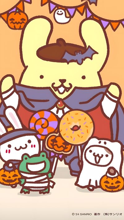 an image of a cartoon character holding doughnuts in front of other characters and pumpkins Pom Pom Purin Halloween Pompompurin Thanksgiving, Fall Pompompurin, Pompompurin Fall, burlywood
