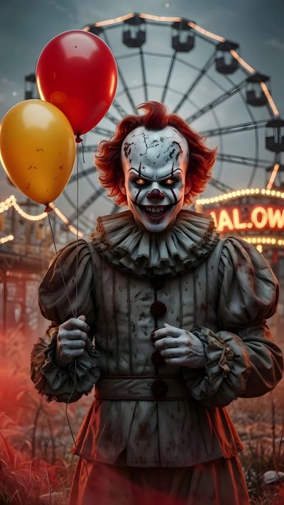 a creepy clown holding two balloons in front of a ferris wheel Clown Halloween Clown Terror, Horror Clown, Horror Clown Images, Full Leg Tattoos, dark olive green