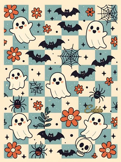 a checkerboard pattern with halloween decorations and ghost faces on the front, in blue and white Halloween Squares Custom Cute Halloween Ipad, Cute Halloween For Ipad, Halloween Ipad, bisque