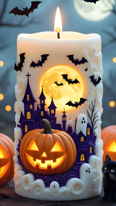 a lit up halloween cake sitting on top of a table next to two black cats Halloween Candle Fun Diy Halloween Decorations, Halloween Cute, Halloween 1, Different Holidays, gray