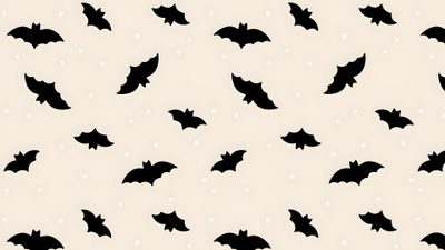 black bats are flying in the air on a white and beige background with tiny dots Halloween Bats Desktop Cute Halloween Backgrounds, Cute October, Halloween Background Pinterest, antique white