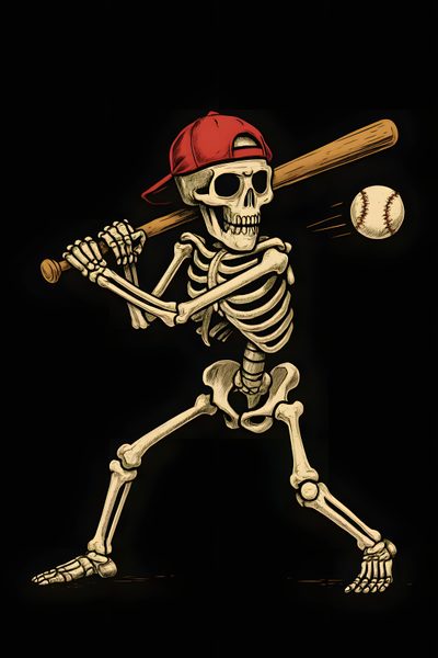 a skeleton baseball player with a bat and ball in his hand, ready to hit the ball Baseball Halloween Skull Baseball Logo, Skull And Bones, Black Backgrounds, Dodgers Skeleton,