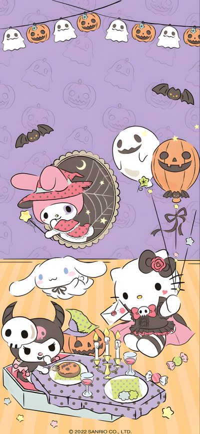an image of halloween themed poster with cats and pumpkins in the background, one cat is Kawaii Sanrio Halloween Kawaii Sanrio Halloween, Sanrio Halloween Pictures Cinnamoroll Halloween, Cinnamoroll Halloween, silver