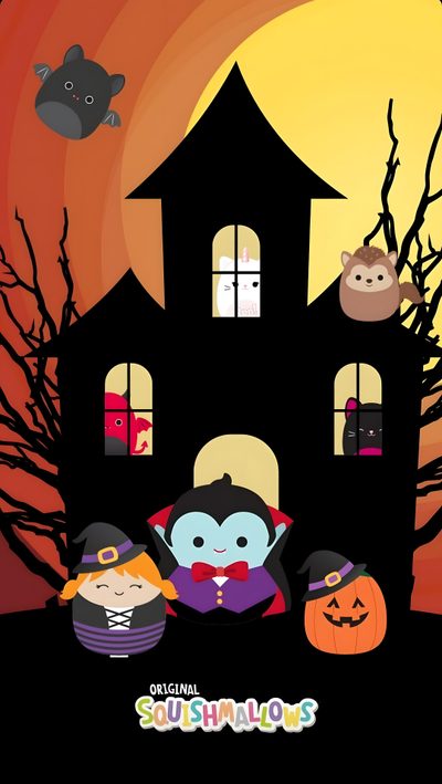 an animated halloween scene with ghostes and bats in front of a creepy house at night Cute Halloween Squishmallow Halloween Squishmallows, Squishmallow Poster, Halloween Squishmallows Drawing, black