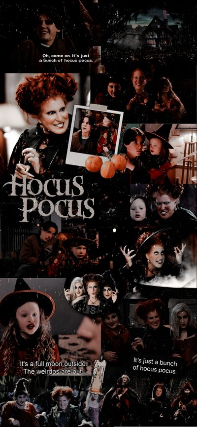 the poster for hocus pocus is shown in many different colors and sizes, including black Halloween Hocus Pocus Free Halloween, Holiday Iphone, Halloween Iphone Backgrounds, black