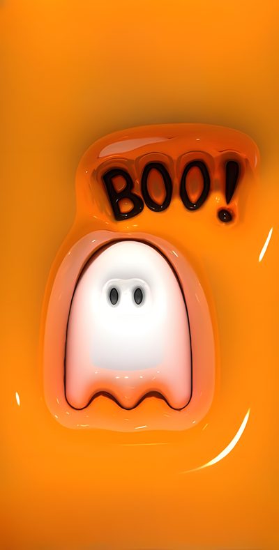 an orange plate with a ghost face and the words boo on it Halloween Liquid Boo Printable And 3d Fall Iphone, Jelly Halloween, Haunted 3d, Halloween Puffy, dark orange
