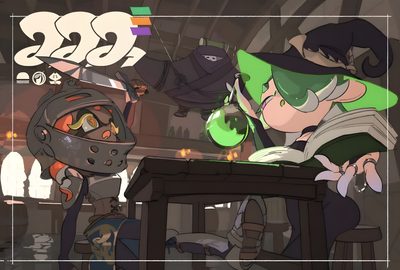 an animated image of two people with helmets on Splatoon Halloween Salmon Run Official Art, Splatoon Twitter Header, Splatoon Desktop, dark slate gray