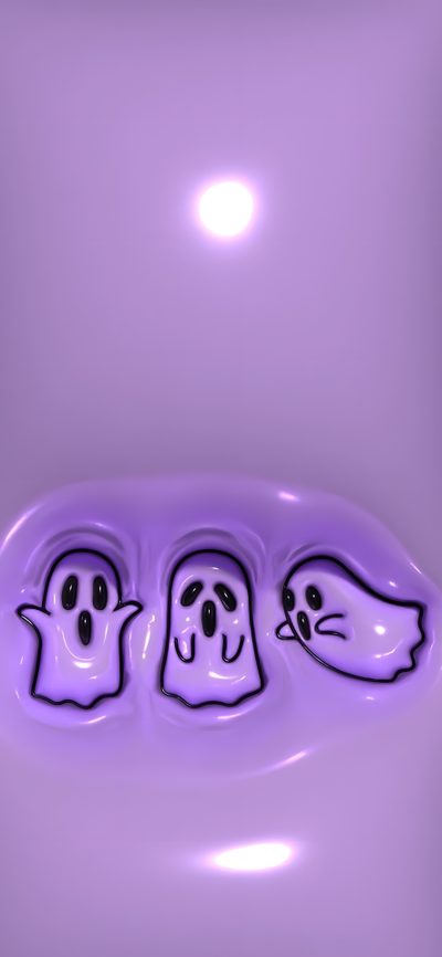 three ghost faces in the middle of a purple surface with light shining on them, Halloween Liquid Boo Printable And Jelly Halloween, Halloween Puffy, 3d Iphone Halloween, medium purple