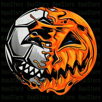 an orange and black soccer ball with flames coming out of it's face on a black background Cool Halloween Football Soccer Ball Pumpkin, Zombie Soccer Ball, Skull Design Soccer Ball, black