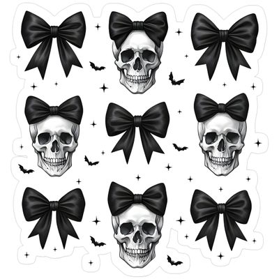 skulls with bow ties and bats on their heads are shown in this halloween sticker sheet Black And White Halloween Skulls In Bow Gothic Aesthetic, Bold Accessories, Black And White Design,