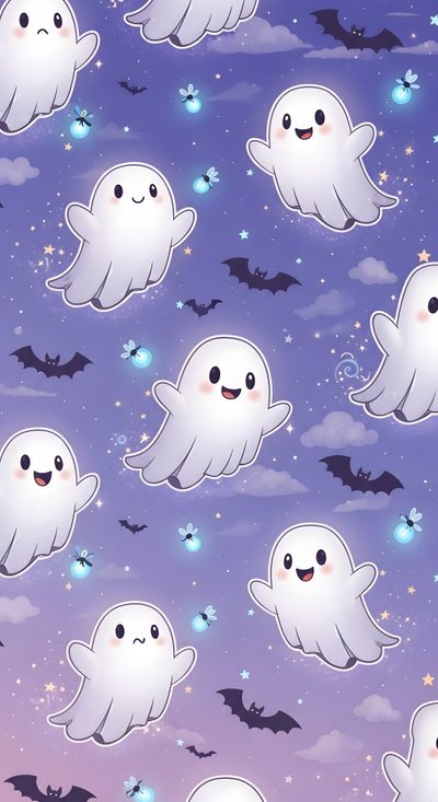 a group of ghost flying through the sky Cute Halloween For Ipad Design, Aesthetic Backgrounds, Ghost Cute, Aesthetic Design, medium purple