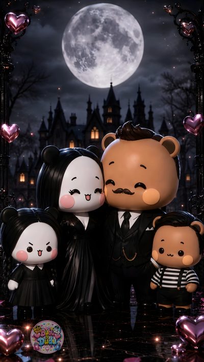 three little dolls are posed in front of a full moon and gothic - themed background Halloween Family Cameos Fondo De Pantalla Rosado Para Iphone, Cute Stickers, Halloween, black
