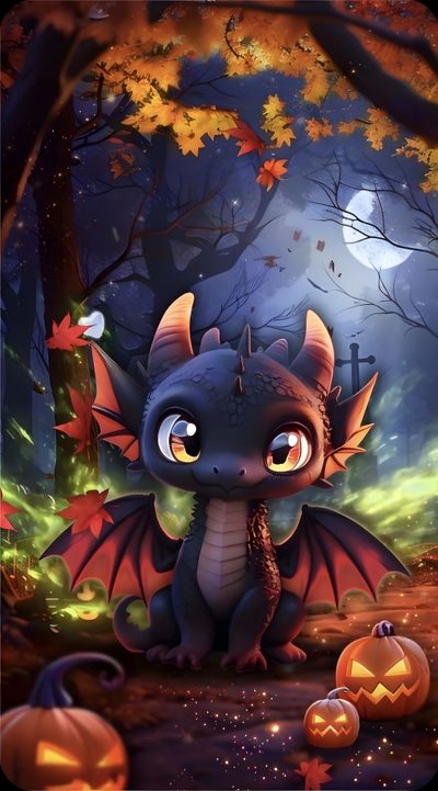 a little dragon sitting in the woods with pumpkins Halloween Dragon Cute Cute Bat Dragon, Cute Fantasy Creatures, Fall Dragon, Cute Dragons, dark slate gray
