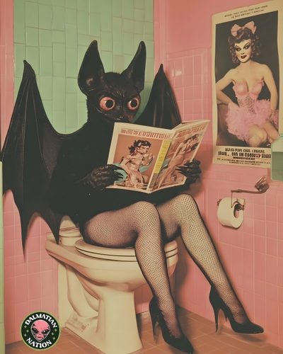 a woman in fishnet stockings is sitting on a toilet reading a magazine with a bat Halloween Bathroom Bizarre Art, Surreale Kunst, Vintage Horror, Weird Art, Bathroom Art, Funky Art, gray