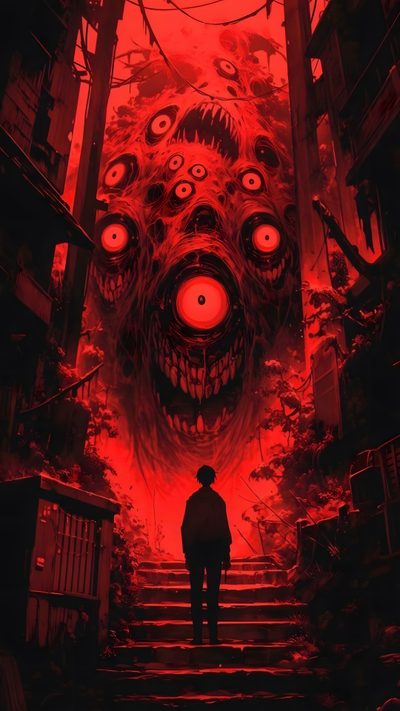 a man standing on top of a set of stairs in front of a red background Horror Background With Scary Monster Halloween Spooky Lovecraftian Horror, Lovecraftian Horror Art, Horror Comic Art, black