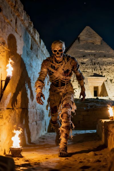 a man dressed as a skeleton walking down a path in front of an egyptian pyramid Halloween Mummies Fantasy Inspiration, Mummy Background, Generative Art, Monster Concept Art, saddle brown