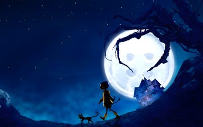 a person walking with a dog in front of a full moon and tree trunk structure Halloween Iphone Coraline Halloween Desktop, Coraline Art, Coraline Movie, Laptop, midnight blue