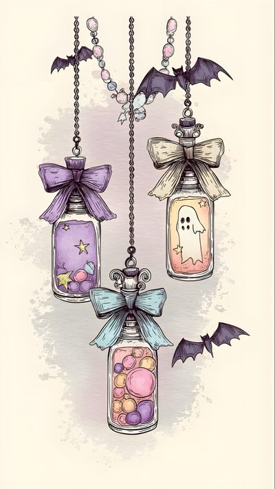 three glass jars filled with candy and bats hanging from the ceiling, one has a ghost in it Halloween Magic Potions Light Greysmall Pastel Halloween Aesthetic, Cute Potion Bottle, Pastel Spooky, beige