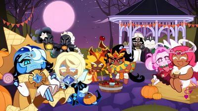 many cartoon characters are gathered together in front of a gazebo at the halloween party Crk Halloween Cookie Run Kingdom Halloween, Crk Halloween Kingdom, Crk Computer, Cookie Run Computer, dim gray