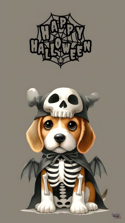 a dog dressed up as a skeleton sitting on top of a white surface with the words happy halloween written above it Cute Beagle Halloween Puppy Iphone, Halloween Eve, Halloween Iphone, Halloween Painting, gray