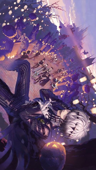 an anime character laying down on the ground in front of a bunch of other characters Twisted Wonderland Halloween Skully Graves, Skully J Graves, Twisted Wonderland Card Art, dark slate blue