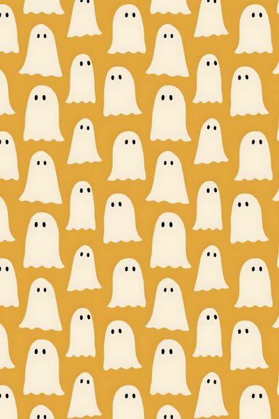 a group of white ghost faces on an orange background Cute Yellow Halloween Spooky Fall Backgrounds, Yellow Halloween Aesthetic, Yellow Halloween, sandy brown