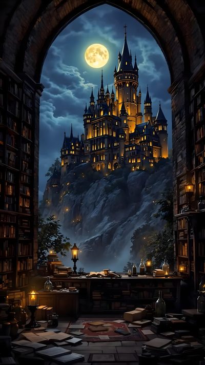 the hogwarts castle is lit up at night in front of a full moon Harry Potter Halloween Hogwarts Background, Wizard Castle, Harry Potter Animated, black