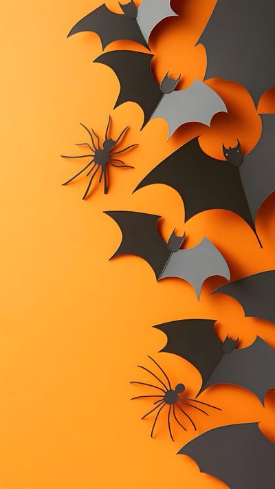 an orange background with black bats and spider webs Halloween Whimsical Bats-large Bat And Spider, Bat Cutout On Yellow Background, Black Background With Halloween Bat And Spider Web, goldenrod