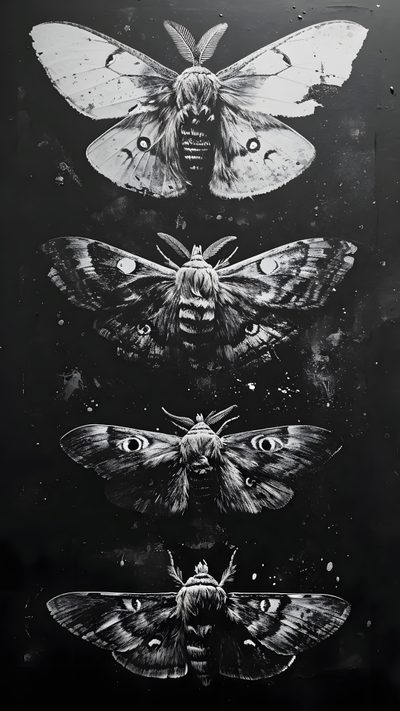 four moths are shown in black and white, each with their own image on it Halloween Moth Moth Art, Goth, Gothic, Witchy, Manifesti Grafici, Gothic Aesthetic, black