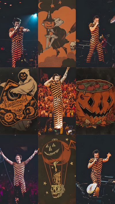 a collage of photos with clowns and pumpkins on stage at a concert Harry Styles Happy Halloween Iphone Harry Styles Wizard Of Oz, Spooky Season Playlist Cover, 1d Halloween Costume, dark slate gray