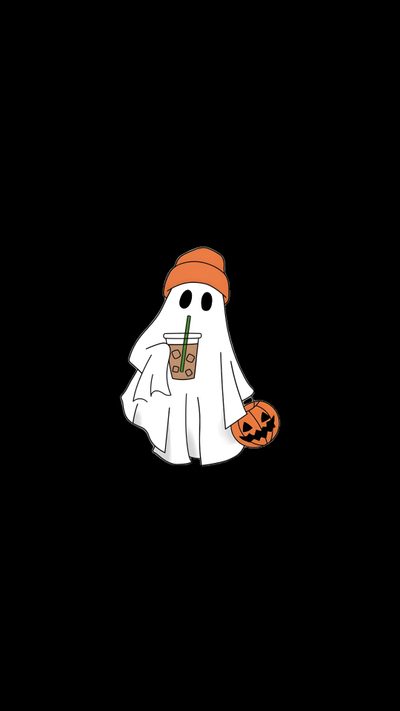 a ghost with a pumpkin in its hand and a drink in it's mouth Halloween Watch Halloween Decor Diy, Halloween Iphone Backgrounds, Halloween Cute, Space Phone, Witchy, black