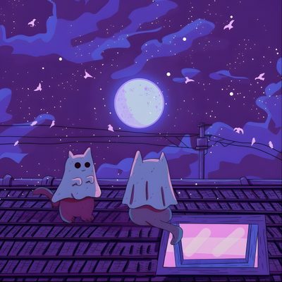 two cats sitting on top of a roof looking at the stars in the night sky Vaporwave Halloween Purple Lofi, Lofi Widget, Purple Background Ghost Art, dark slate blue