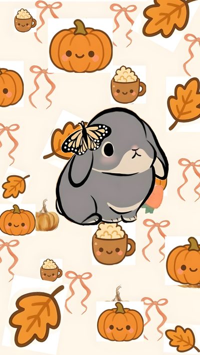 an animal is surrounded by pumpkins and acorns with a butterfly on its head Cute Bunny Halloween The Pumpkin Rabbit, Angel, Funny Lockscreen, Cute Home Screens, old lace