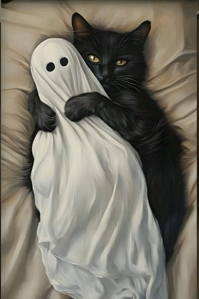 a black cat laying on top of a bed next to a ghost Halloween Black Cat Pillow Ghost, gray
