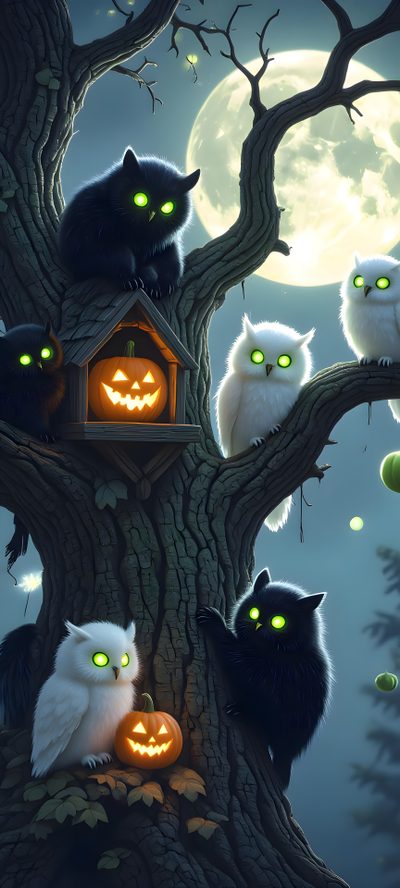 three cats sitting in a tree with glowing eyes Halloween Cats Bats Owls Spiders Sm Boho Fall, Halloween, dark slate gray