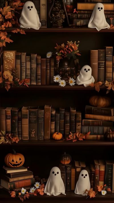 a book shelf filled with lots of books covered in fake ghost heads and pumpkins Halloween Spooky Books Library Halloween Iphone Backgrounds, Pumpkin Illustration, Book Background, black