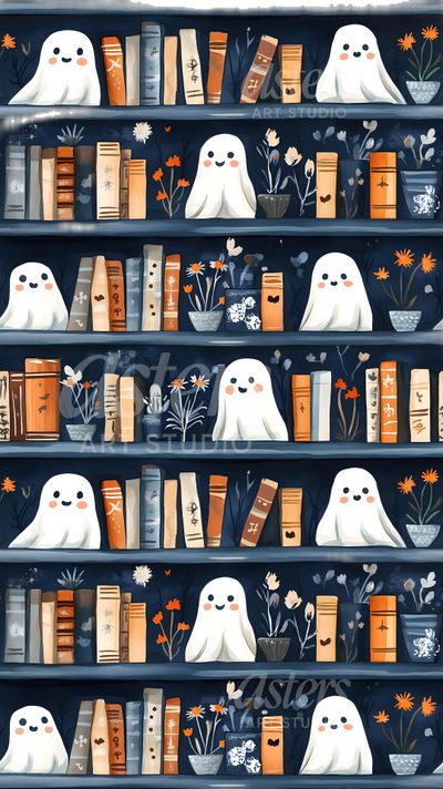 a book shelf filled with lots of books covered in white ghost faces and flowers on it Halloween Bookshelf Spooky Bookshelf, Halloween Book, Spooky Book, Bookish Halloween, dark slate gray