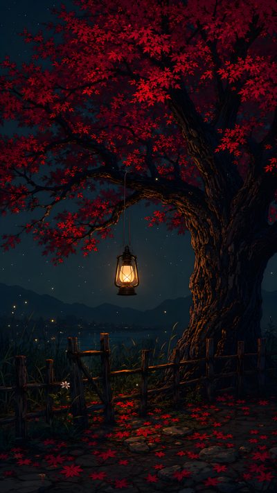 a tree with red leaves and a lantern hanging from it's branches at night Iphone Halloween Iphone 4k Lantern Aesthetic, Moody, Tree Lanterns, Perfect Dark, Vintage Lanterns, black